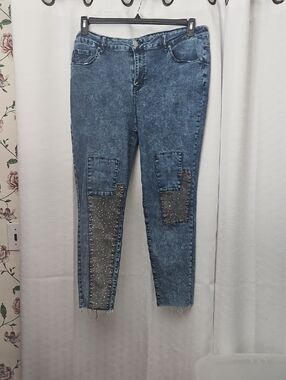Women’s Blue Acid-Wash Jeans with Studded Iresdesent  Rhinestone Patch Detail